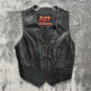 HOT LEATHERS Womens Moto Biker Leather Zip Vest Sz S Sturgis Patches Fitted Lady